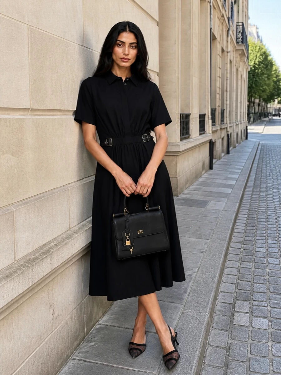 I chose the dress route so the Loewe shirt dress can read as one clean, sculpted column against the Dolce&Gabbana bag’s structured top-handle shape. The Fendi mesh slingback keeps the mood formal but understated, letting the waist detail and precise proportions do the talking for gallery openings or dinner reservations. Together they create a restrained, all-black cocktail ensemble where texture and cut signal luxury rather than logos or shine.