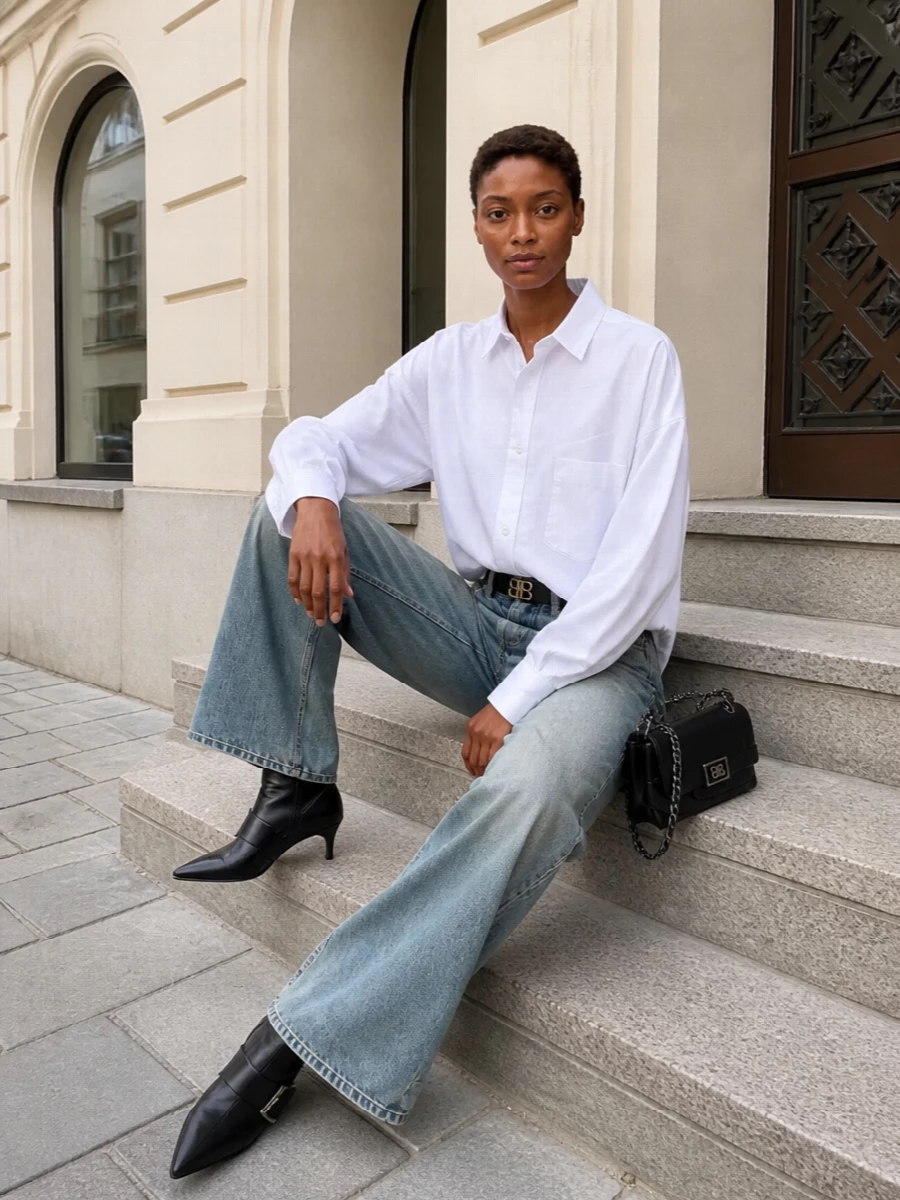Balenciaga wide leg jeans oversized shirt boots