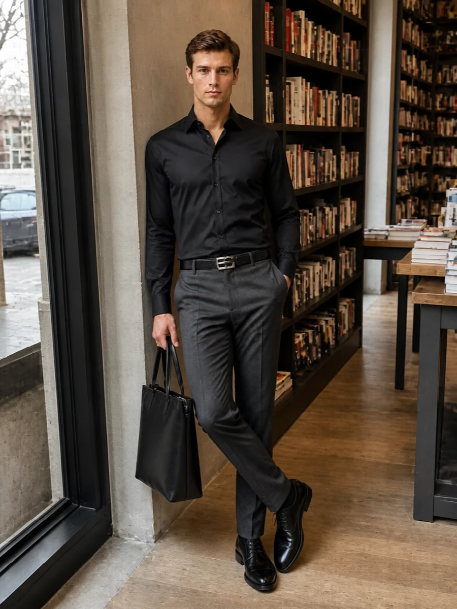 Dolce&Gabbana’s black shirt meets charcoal tailoring for a crisp, monochrome line that feels precise without tipping into full eveningwear. The clean derby and structured black tote keep the mood measured and city-ready, ideal for days that move from client meetings into dinner. A slim black belt in silver hardware quietly finishes the outfit with just enough definition at the waist.
