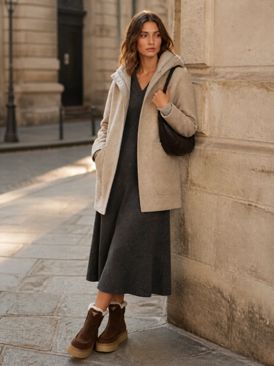 This look pairs the light beige Moorer parka with a charcoal Brunello Cucinelli knit midi dress for a refined FW column under a cocooning shell. Chocolate shearling-lined Prada boots and a deep espresso Lemaire crescent bag add weight and depth, keeping the silhouette elongated and the palette quietly tonal. I skipped the top-and-trouser route to avoid competing layers; the dress route delivers a cleaner, more architectural line that lets the coat remain the hero.