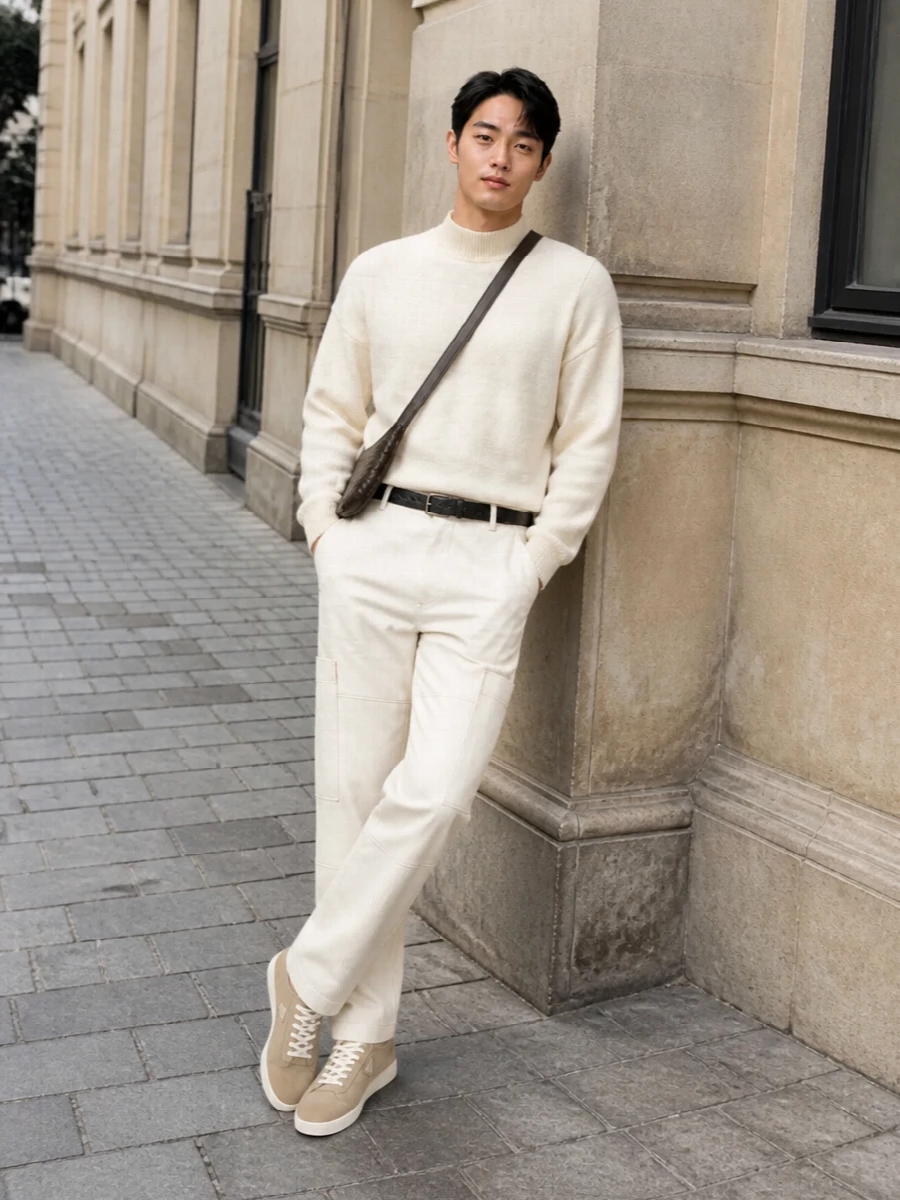 Cream utility cargo pants outfit knit sweater