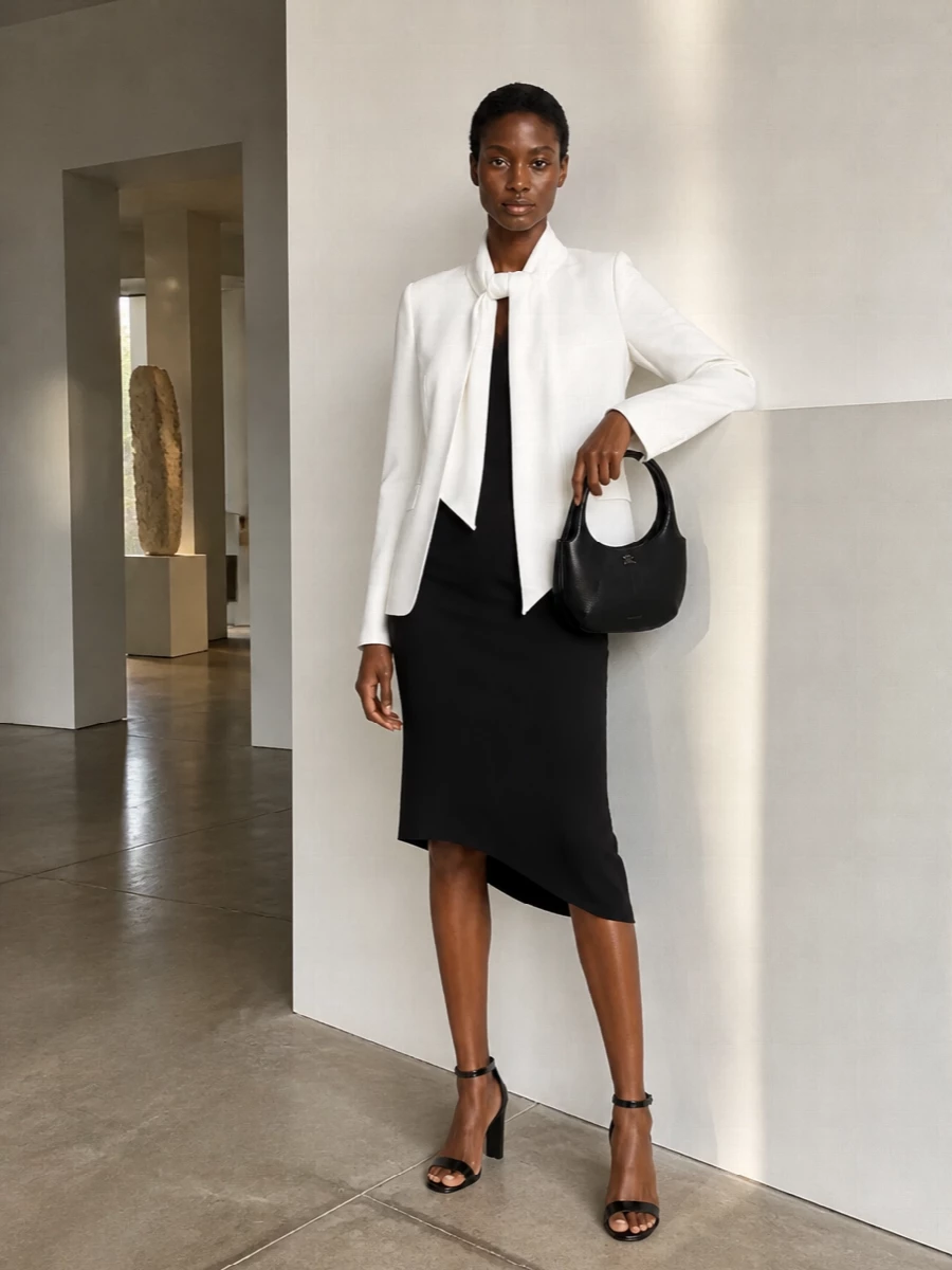 Courreges blazer asymmetric black dress outfit
