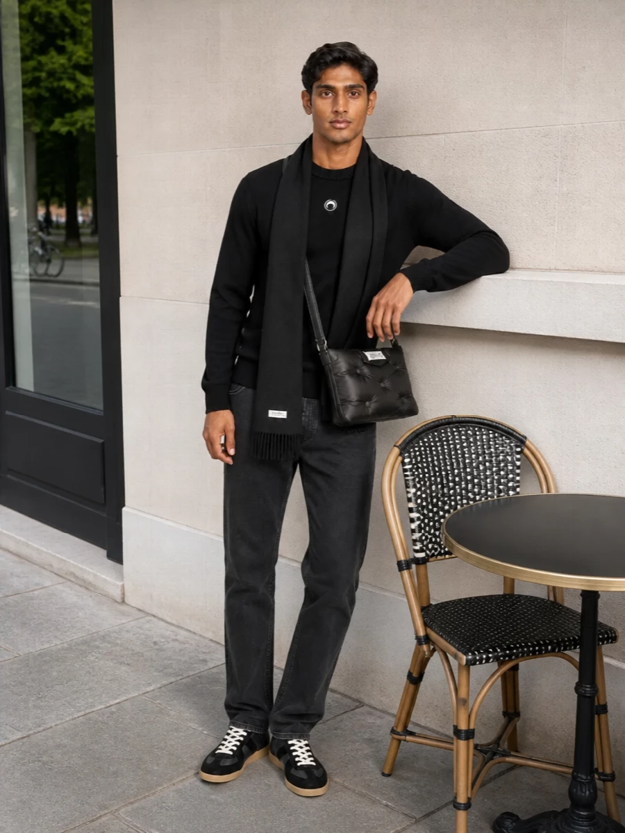 A black Marine Serre knit and washed-black Margiela denim create a tight, monochrome base that feels sharp yet relaxed. Charcoal-and-black sneakers keep the line clean from the ground up, while the padded crossbody and black scarf add just enough texture and quiet branding. It is a city-ready winter uniform that reads minimal, graphic and considered from every angle.