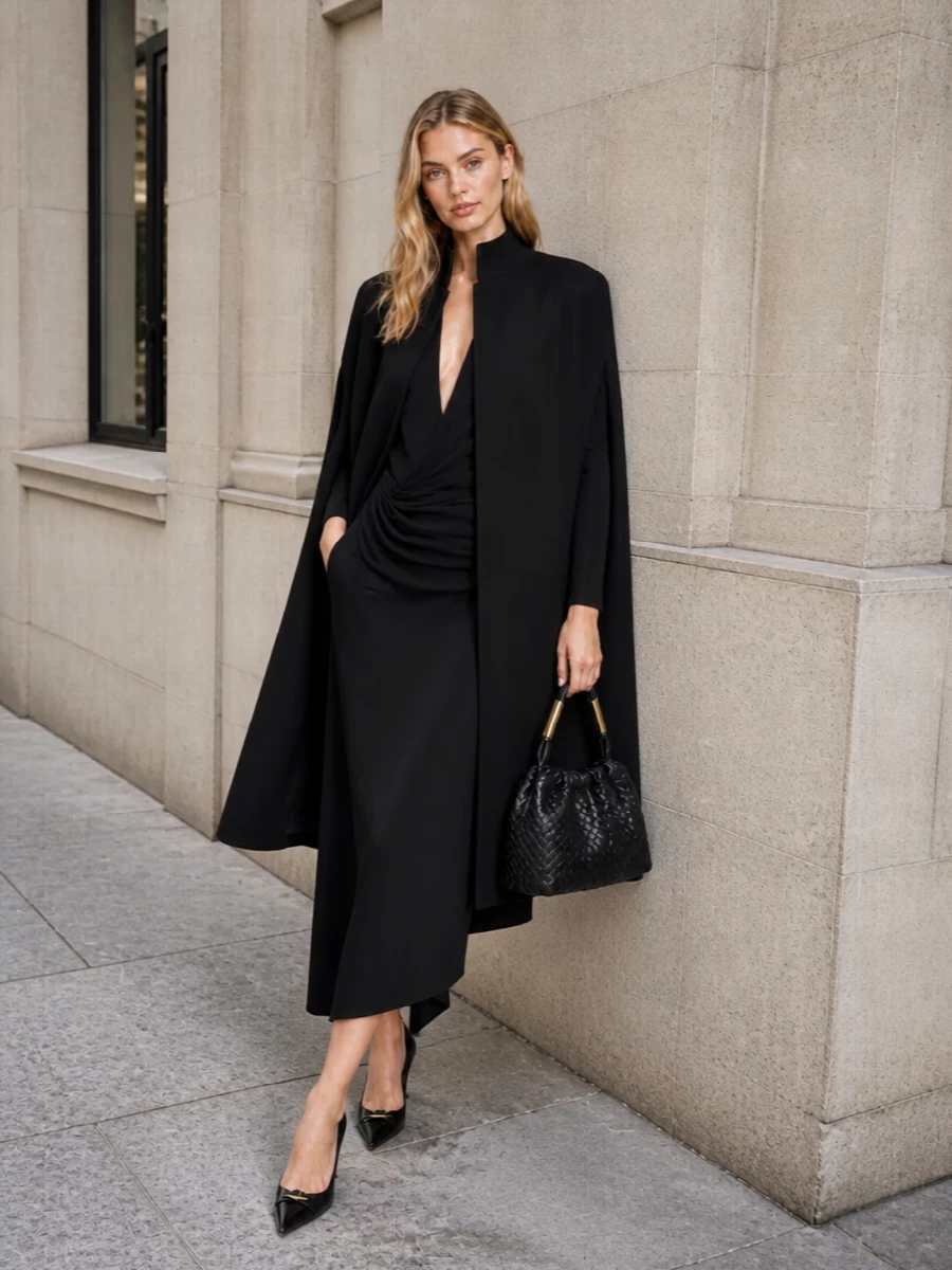 This look is a study in black-tie minimalism: Valentino’s sleeveless wrap maxi forms a fluid column under the dramatic wool cape, letting the outerwear read as architectural rather than overpowering. A sharp black stiletto pump and a sculptural Bottega intrecciato shoulder bag in black with gold hardware keep the styling impeccably clean and luxurious, with just enough metal to catch the light without breaking the quiet-luxury spell.