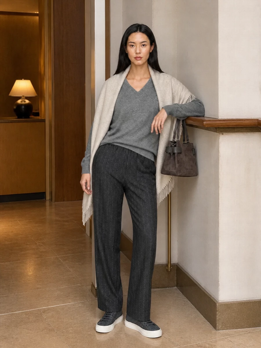 Brunello cucinelli grey pinstripe pants cashmere knit