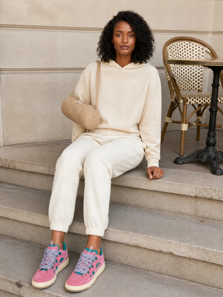This is a soft sport-luxe take on color, letting the pink and teal sneakers pop against buttercream and ivory separates. The Prada hoodie and Bottega joggers keep the silhouette relaxed but clean, while the Margiela baguette adds a discreet, tonal finish that leans into quiet luxury rather than logo play. It is an easy off-duty city uniform that still feels considered from every angle.