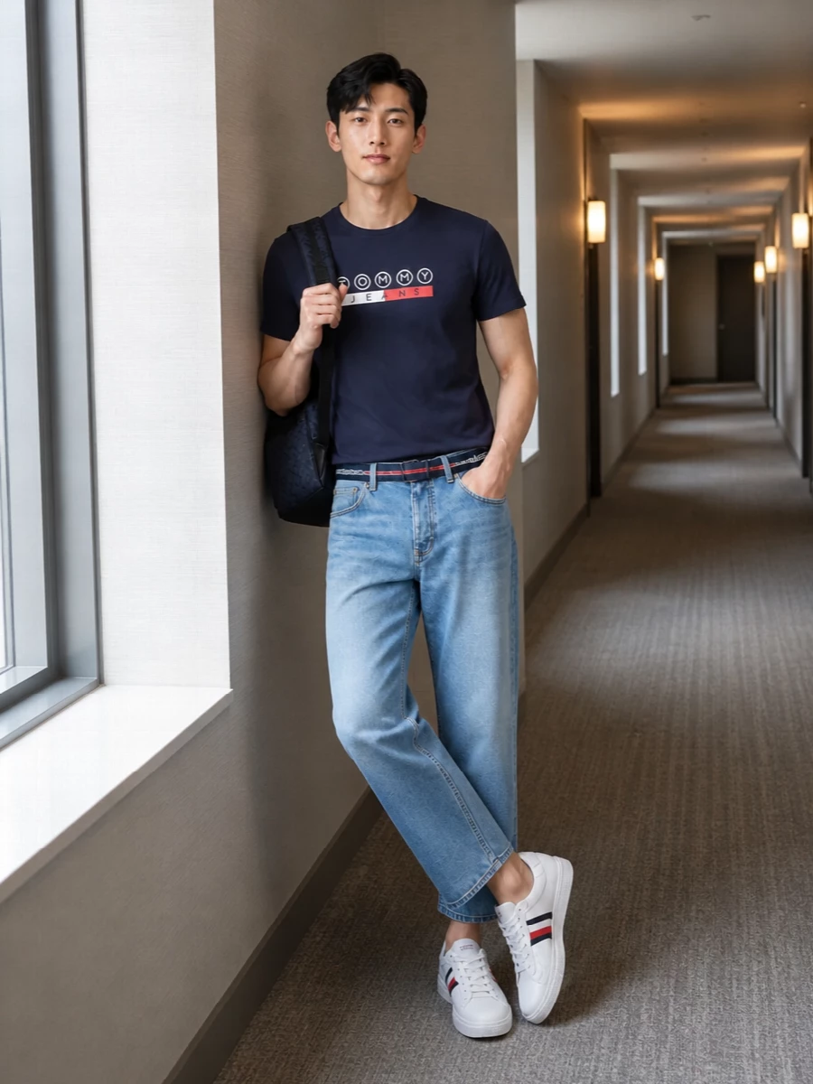 Tommy hilfiger tee cropped jeans white sneakers