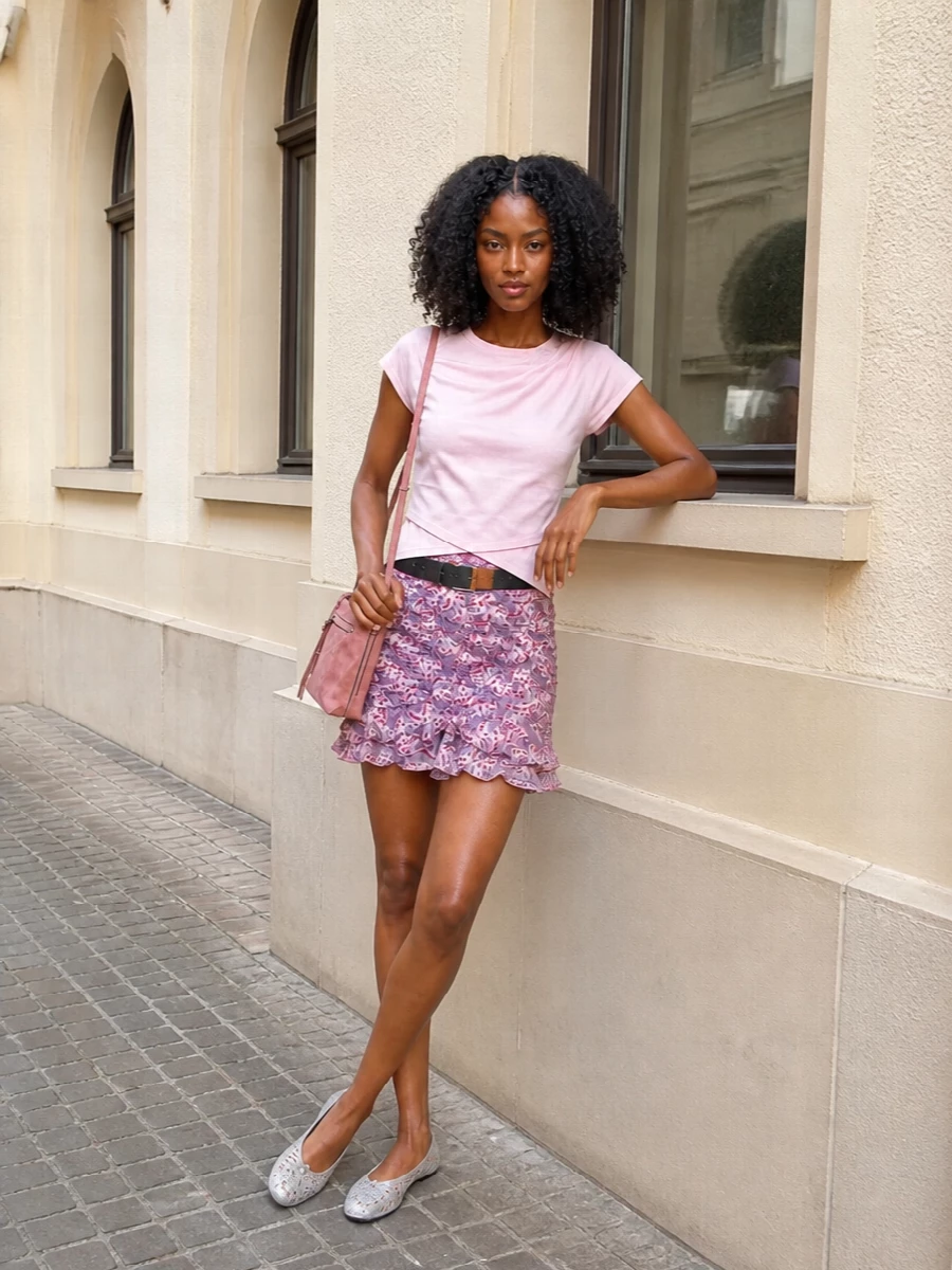 Isabel marant floral mini skirt silver flats outfit