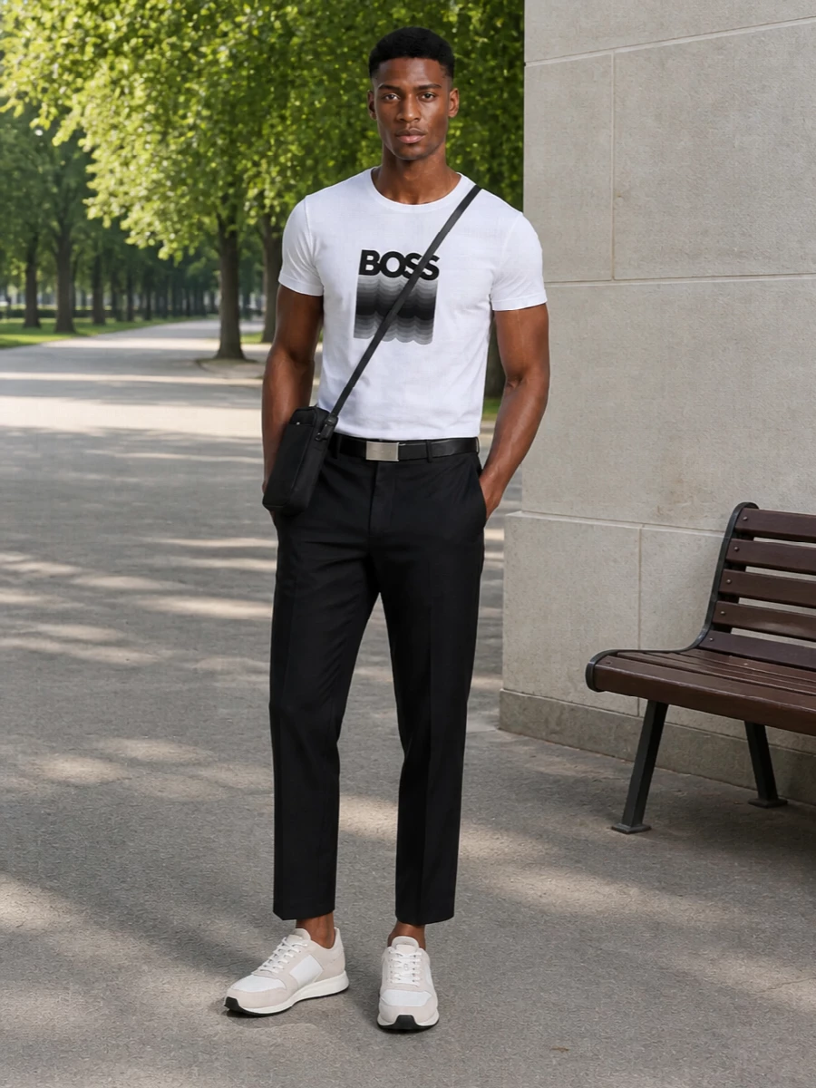 Boss graphic tee black cropped trousers outfit