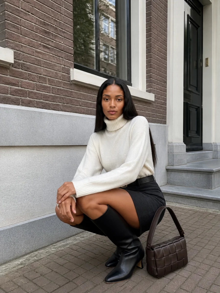 Bottega veneta charcoal mini skirt knee boots