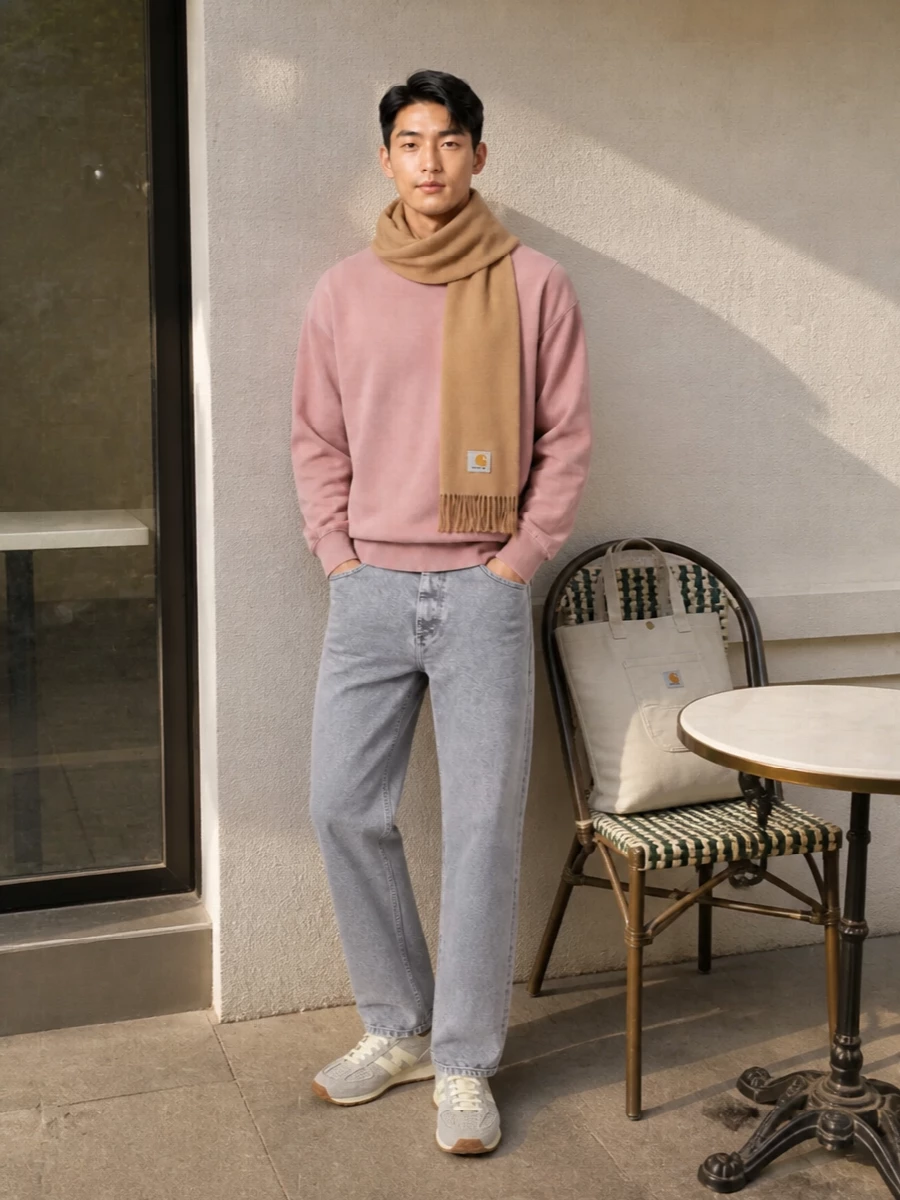 Dusty rose and washed grey keep this Carhartt WIP outfit calm and minimal, with straight-leg denim grounding the softness of the sweatshirt. Neutral retro runners and a stone canvas tote sit quietly underneath, so the colour story stays muted and easy while the vibe leans clean streetwear rather than gym. A camel scarf just warms the mix without breaking the utility backbone.
