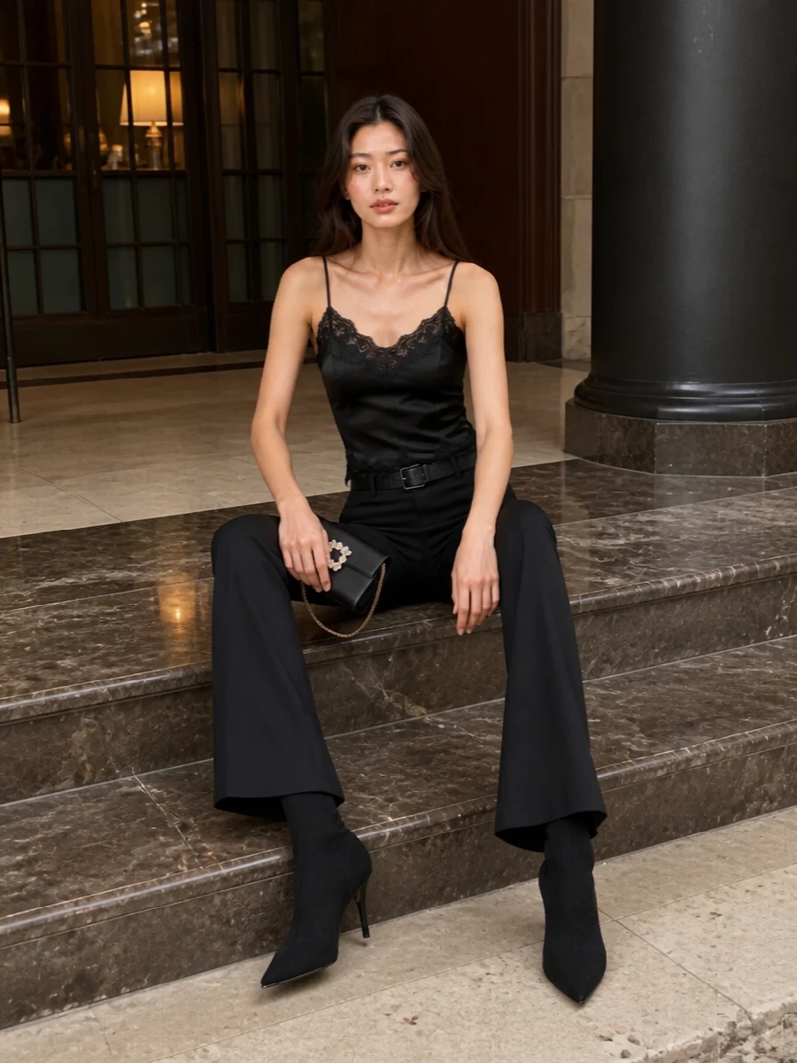 Blumarine’s low-rise flares meet a Dolce&Gabbana lace camisole for a monochrome, after-dark take on Y2K romance that feels precise rather than nostalgic. Sock-fit stiletto boots extend the leg line, while a slim black belt and crystal-buckled mini bag keep the waist and hand elegantly defined. The result is lean, sultry and polished enough for cocktails, late dinners or a discreet party entrance.