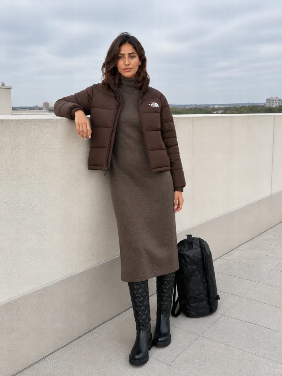 Pinko knit dress the north face puffer outfit