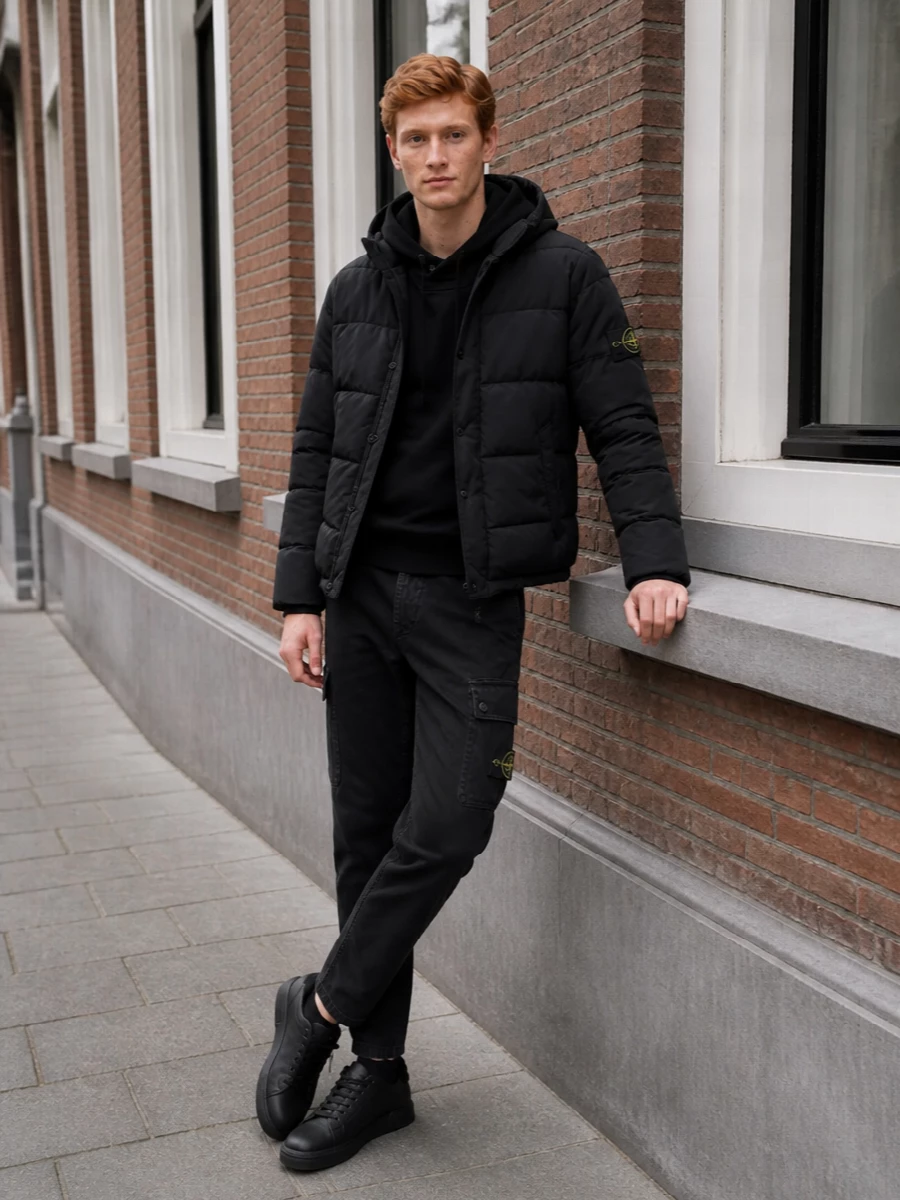 Stone island black puffer cargo outfit
