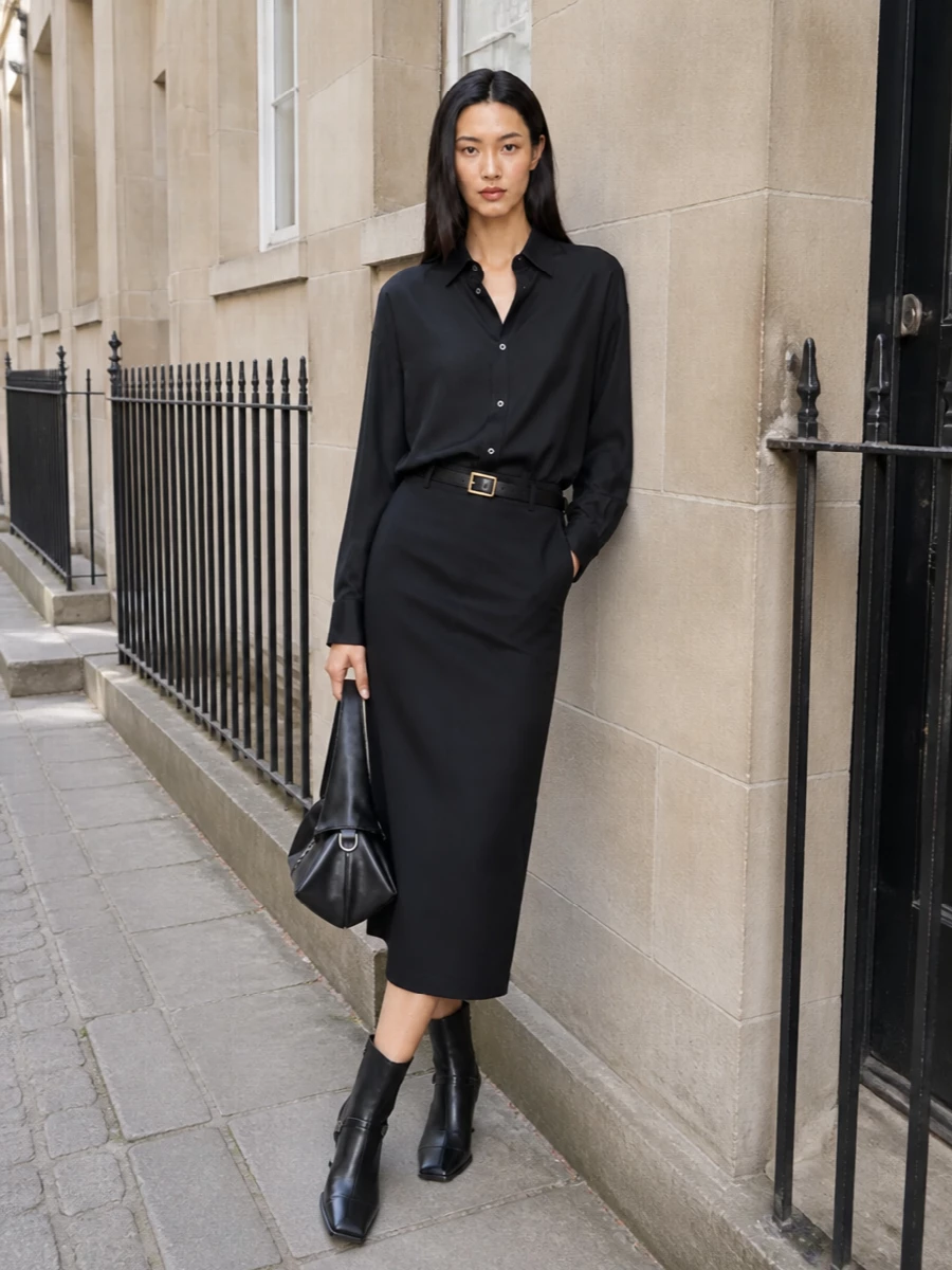 Alexander wang black shirt midi skirt mcqueen boots