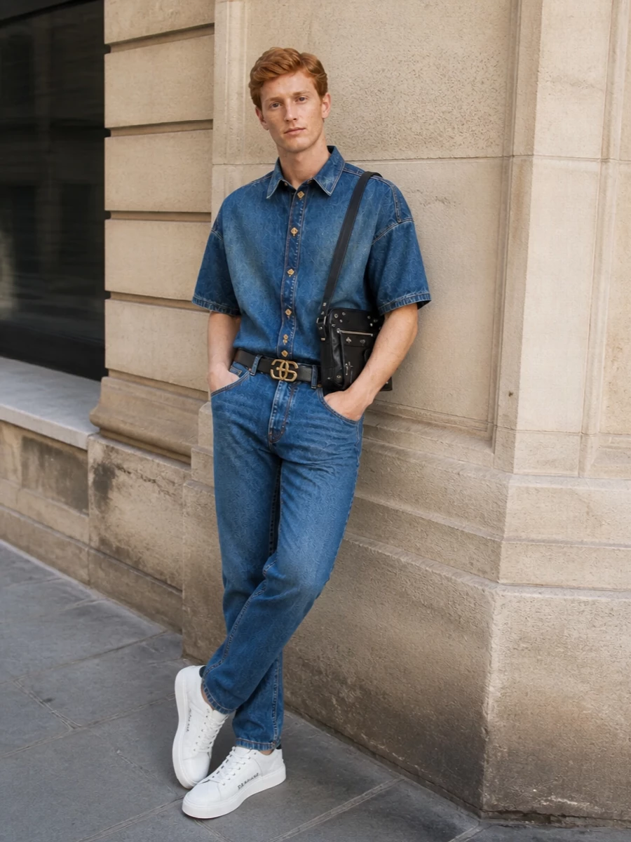 Balmain denim shirt jeans outfit sneakers