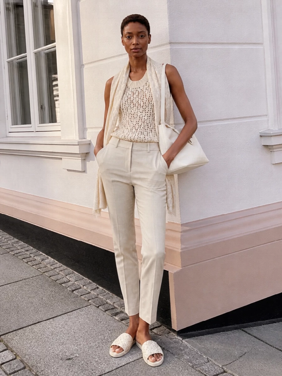 A softly textured Fabiana Filippi knit tank pairs with slim, tailored beige trousers for a clean column of light neutrals. Crochet slides and an ivory top-handle bag keep the mood refined yet easy, while a gauzy nude-toned scarf adds a final whisper of polish. The result is a quietly luxurious warm-weather ensemble that moves effortlessly from city afternoons to terrace dinners.