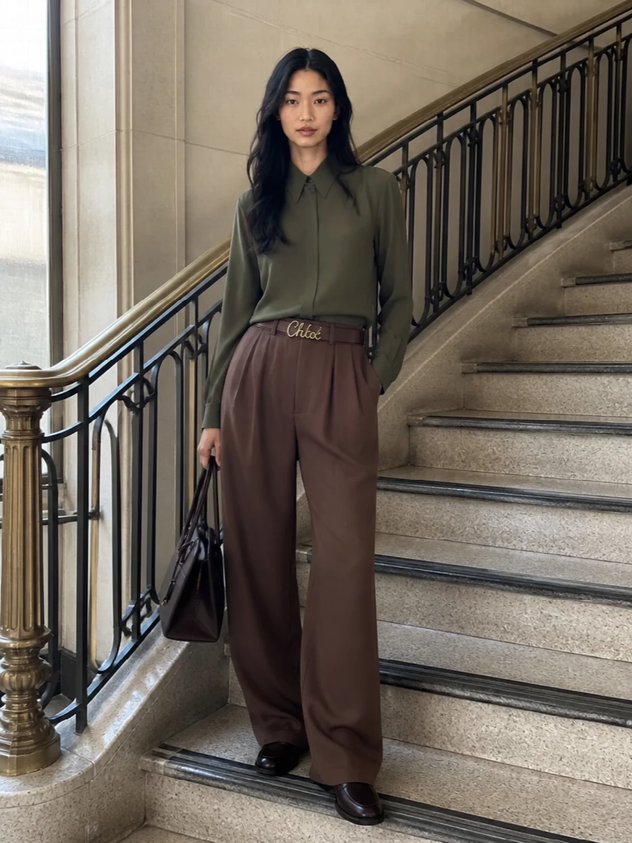 Chestnut tailoring meets muted olive for a quietly composed take on wide-leg dressing. The high-rise, puddling trouser is cinched with a slim dark belt and paired with a fluid, concealed-placket shirt for clean, uninterrupted lines. Burnished brown loafers and a structured chocolate top-handle finish the palette with depth, keeping the mood polished but unforced for long days that move into dinner.