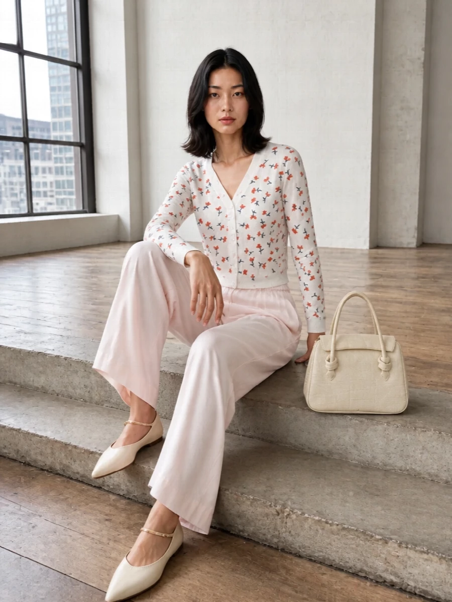 A soft floral cardigan tops fluid blush trousers for a mood that is gentle, modern and quietly polished. Pointed buttercream flats and a sculptural ivory top-handle bag keep the palette weightless while refining the relaxed proportions. A gauzy floral scarf adds the option of a barely-there, poetic accent without crowding the print story.