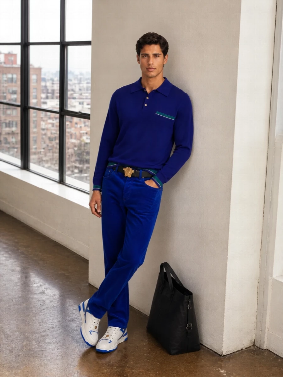 Versace cobalt jeans knit polo white sneakers
