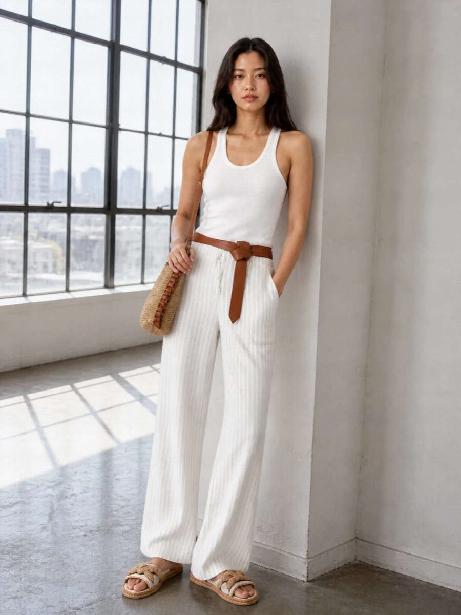 Iro striped wide leg pants white tank raffia tote