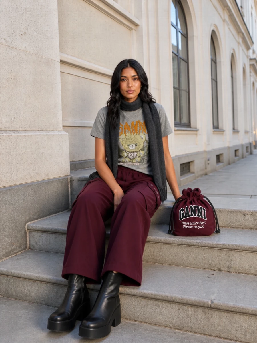 Ganni teddy tee burgundy cargo pants outfit