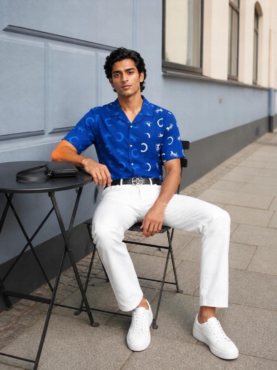 Celine camp shirt white trousers outfit