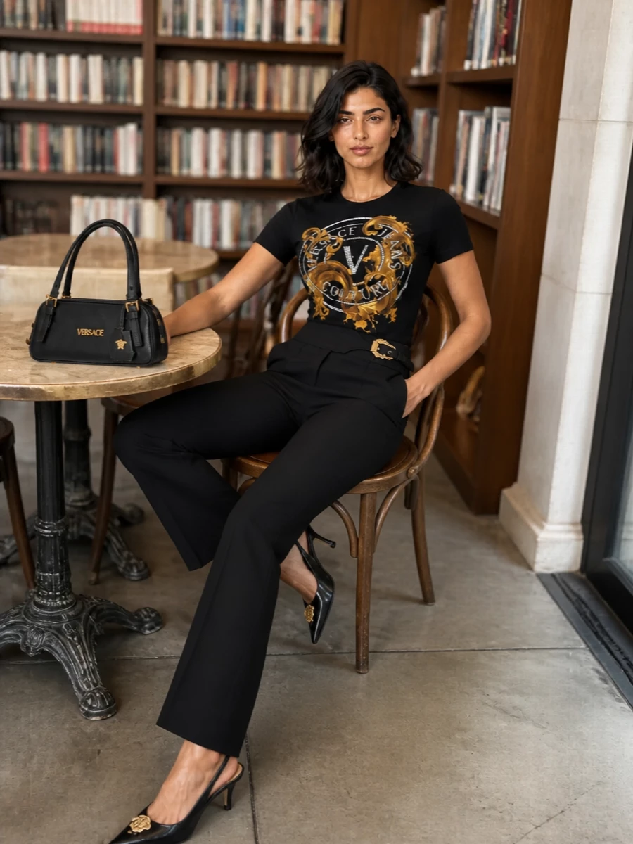 Versace baroque tee black flared trousers outfit