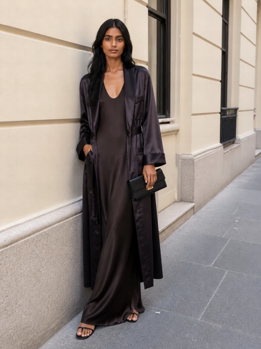 Tom ford chocolate satin robe slip dress outfit