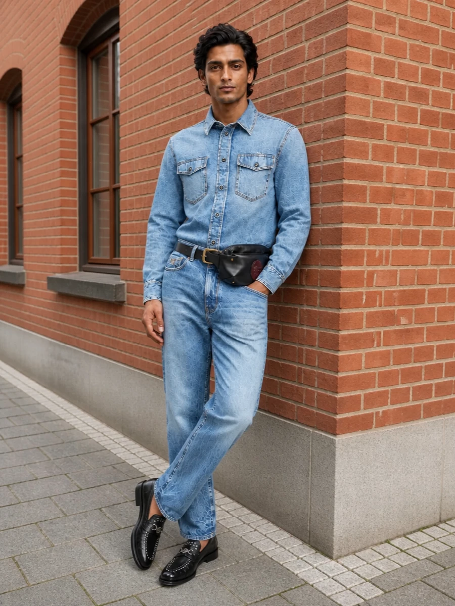 Versace denim shirt straight jeans studded loafers