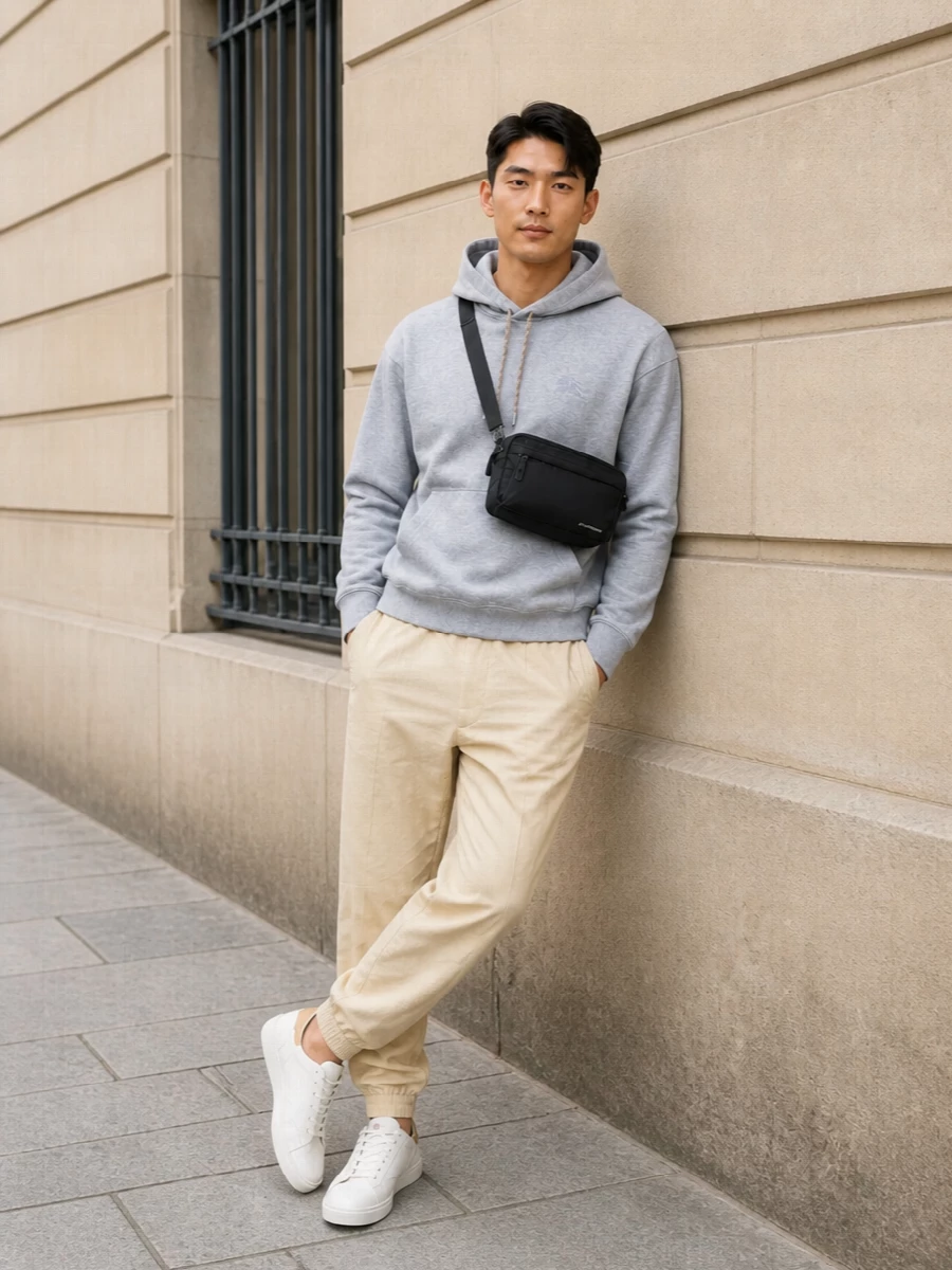 Burberry hoodie joggers neutral streetwear outfit