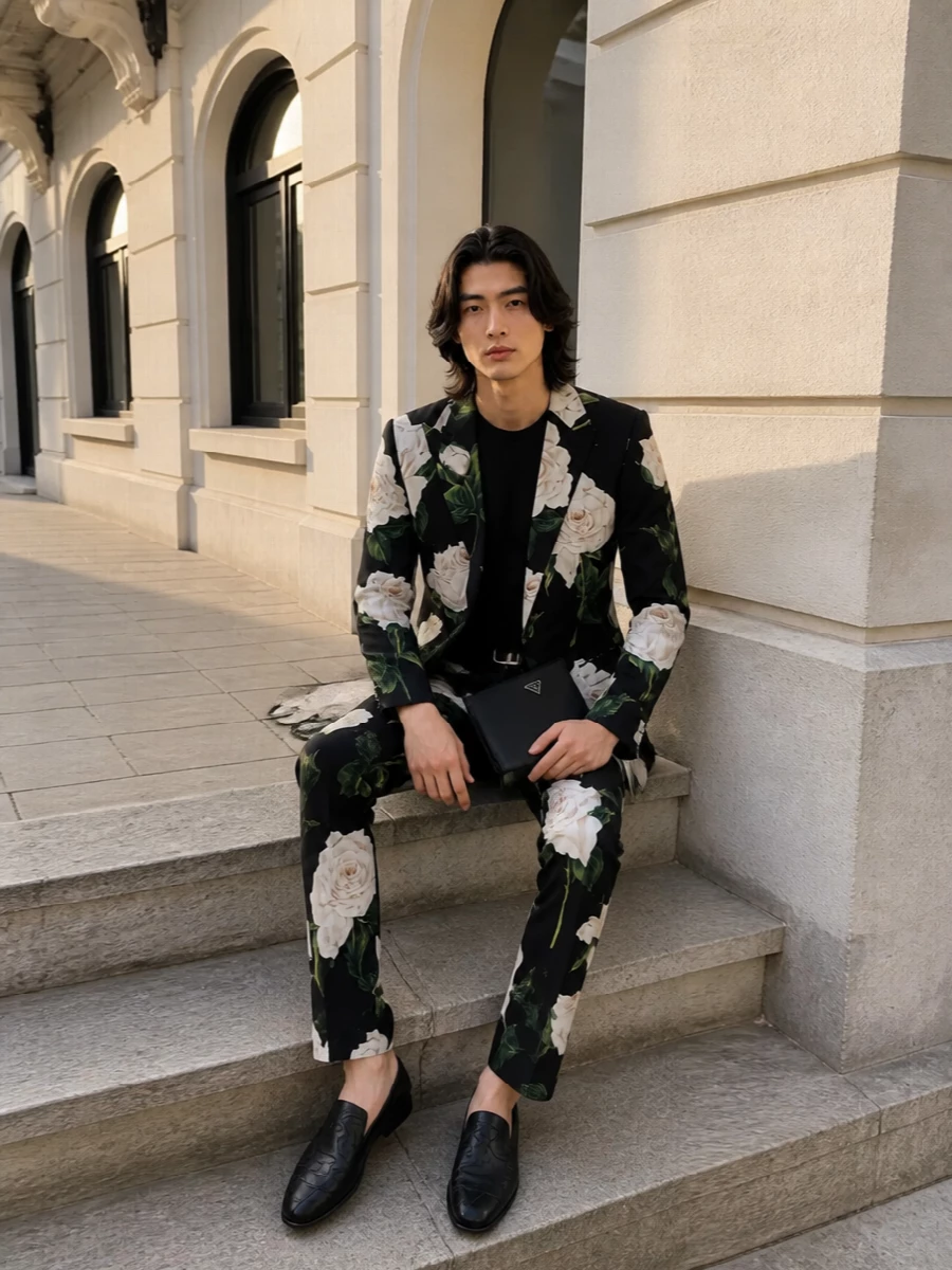 Dolce gabbana floral suit black jacquard slippers
