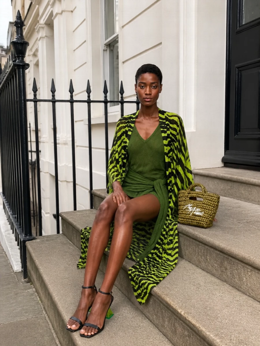 The attico neon kimono olive beach dress outfit