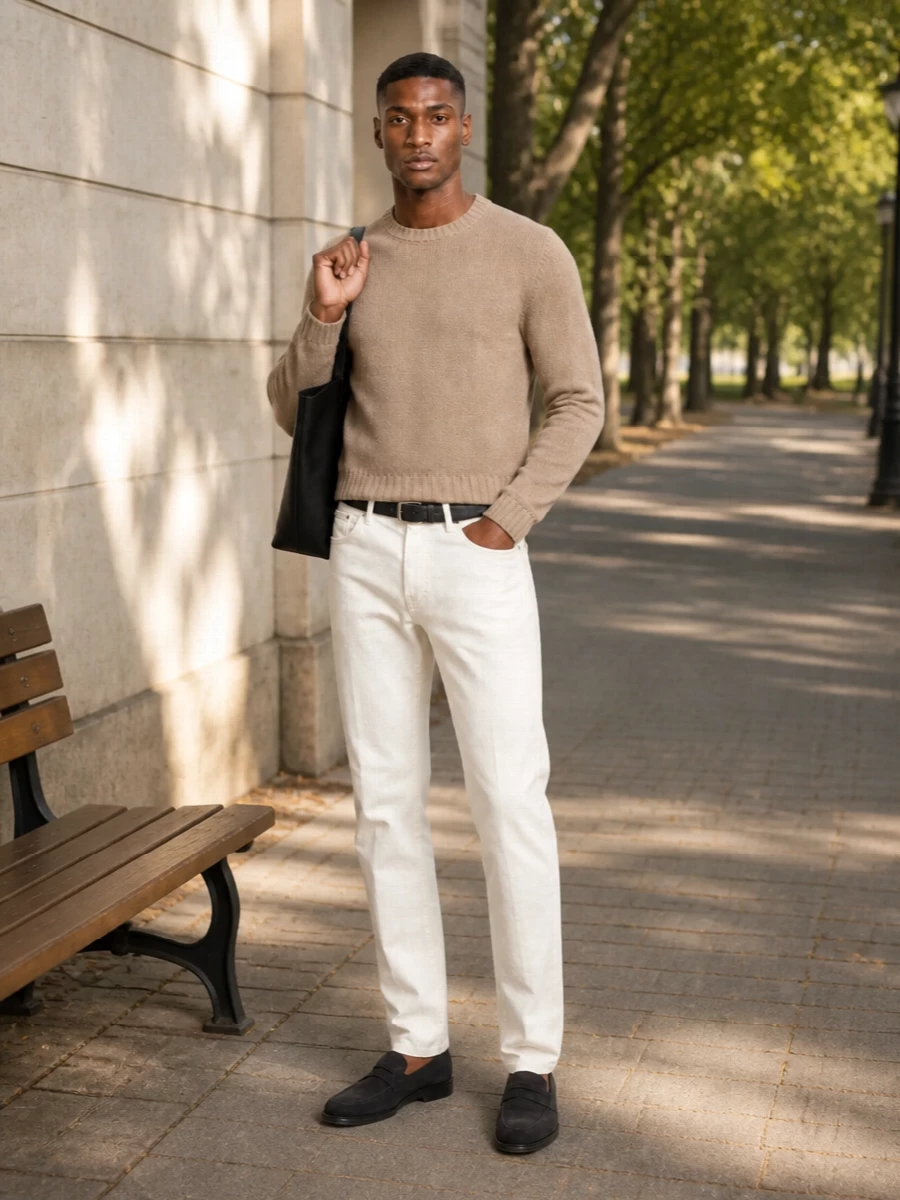 Pt torino off white jeans camel sweater outfit