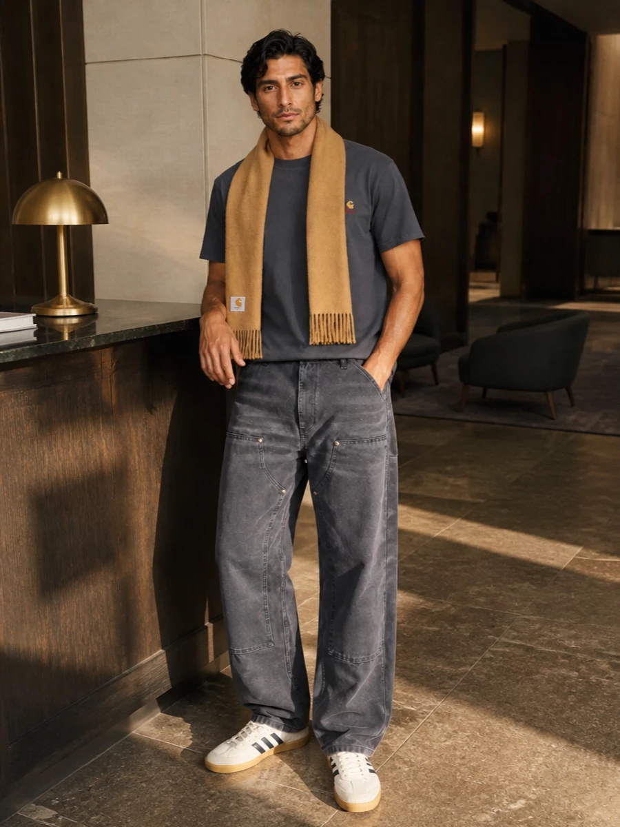 Carhartt grey workwear outfit adidas sneakers