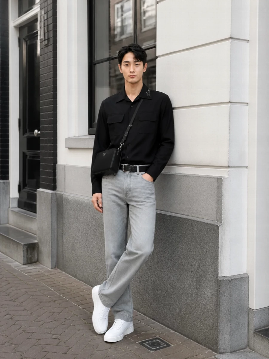 Amiri black shirt grey jeans white sneakers