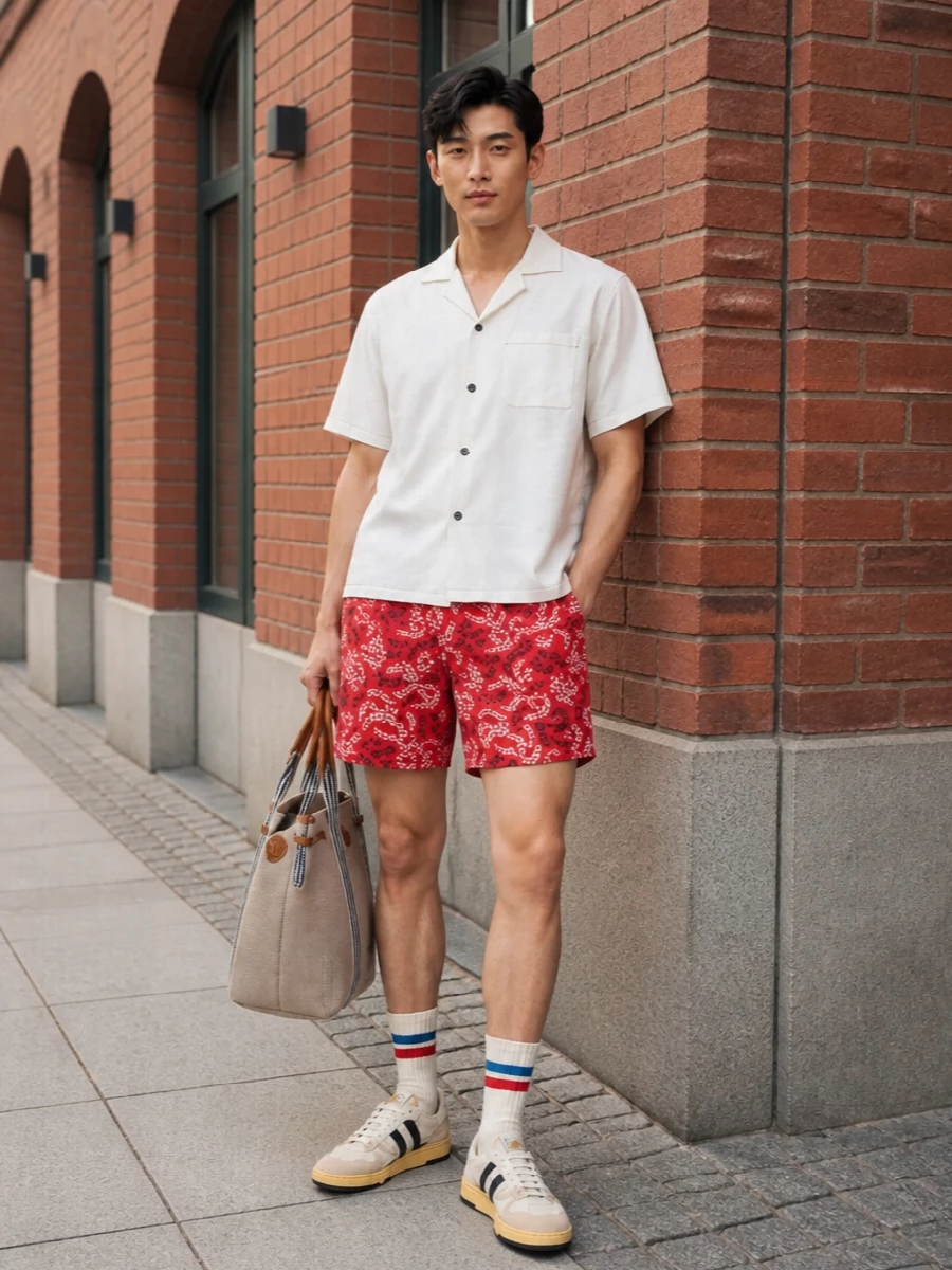 Lanvin red swim shorts white camp shirt outfit