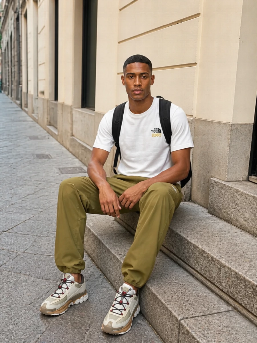 An off white North Face tee sits over loose olive technical cargos for an easy city-to-trail uniform with clean lines and real pocket utility. Neutral trail runners in cream and taupe keep the palette soft while adding cushioning and grip, and a compact black backpack finishes it with just enough technical attitude for long days on the move. The result is relaxed but purposeful, ready for hot pavement, park laps or a quick hike without a change of clothes.