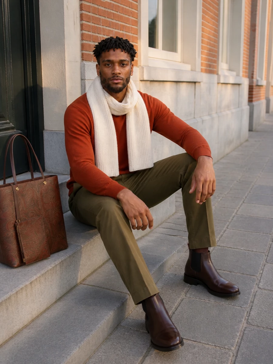 Pt torino rust sweater olive trousers outfit