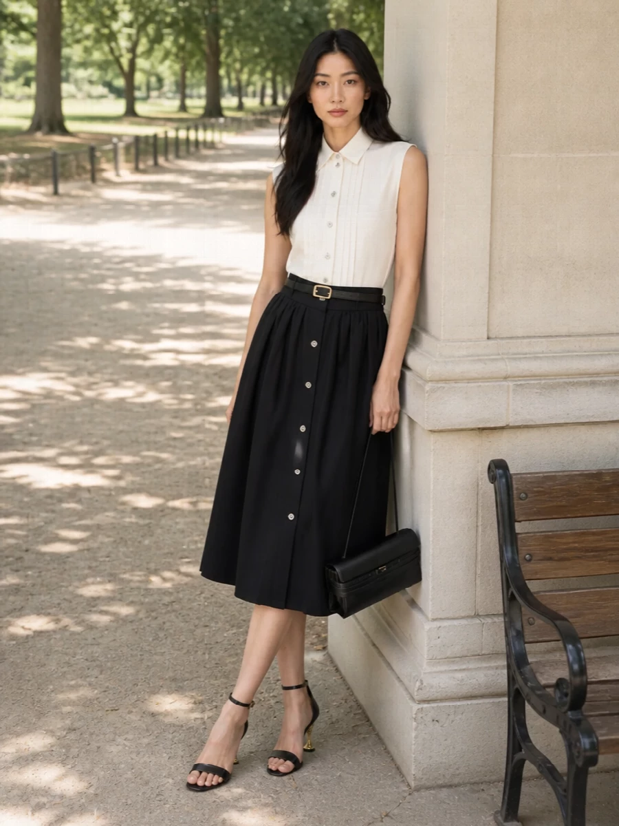 Moschino black midi skirt ivory shirt outfit