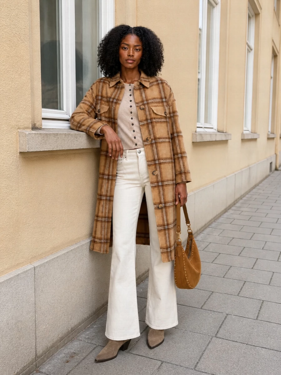 I am building around the coat with a knit-and-denim route rather than a dress, which keeps the outfit relaxed, practical and consistent with its original styling spirit. The slim beige cardigan and ecru flared denim echo the coat’s soft checks while keeping the proportions long and lean, so it never feels heavy. Taupe suede ankle boots and a camel suede hobo pick up the boho-western notes in a quietly polished, city-ready way.