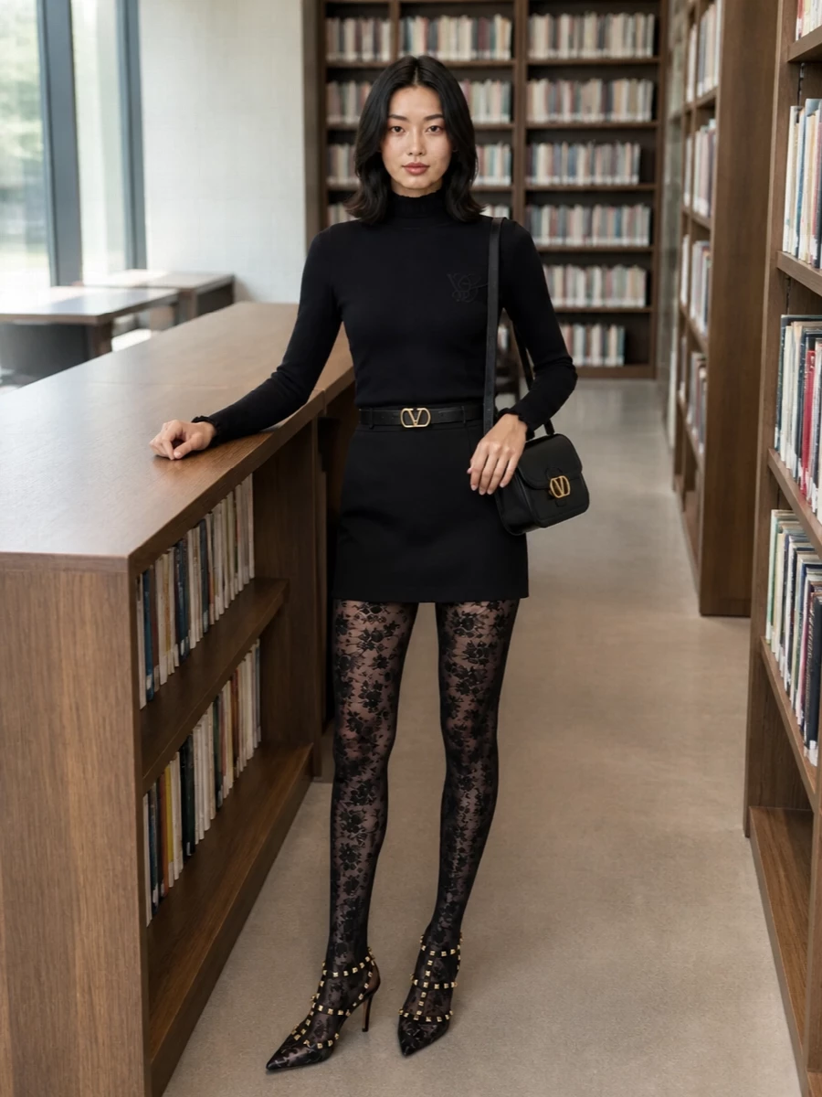 Dark and romantic, this all-black Valentino ensemble lets sheer floral tights and lace-detailed heels do the talking against a perfectly clean, second-skin knit. The slim mock-neck and subtle belt definition keep the proportions long and lean, ideal with a black mini skirt or sculpted dress for winter cocktail hours. Gold hardware on bag and belt adds a precise flash of light without disturbing the quiet, graphic mood.