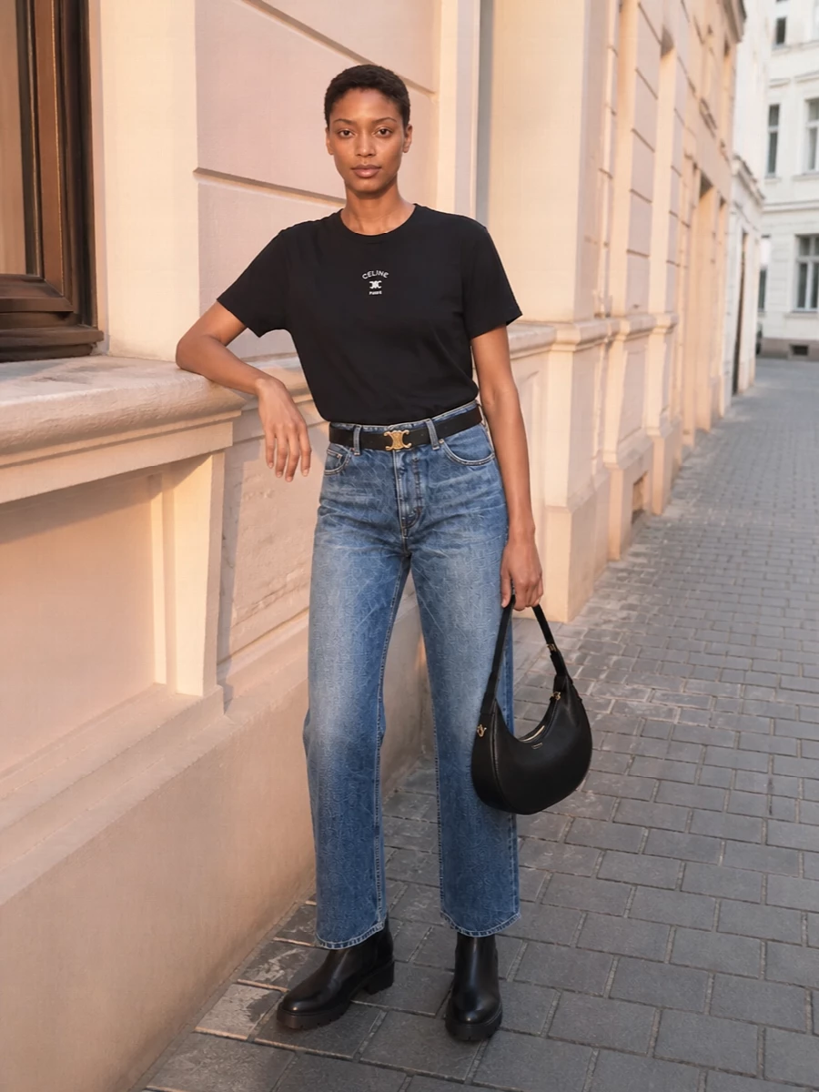Celine black logo tee jeans ankle boots