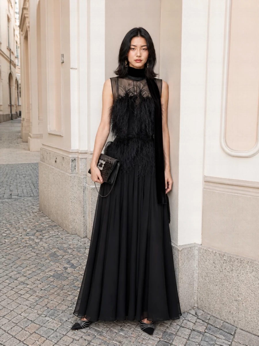 Alberta ferretti black feather gown crystal heels