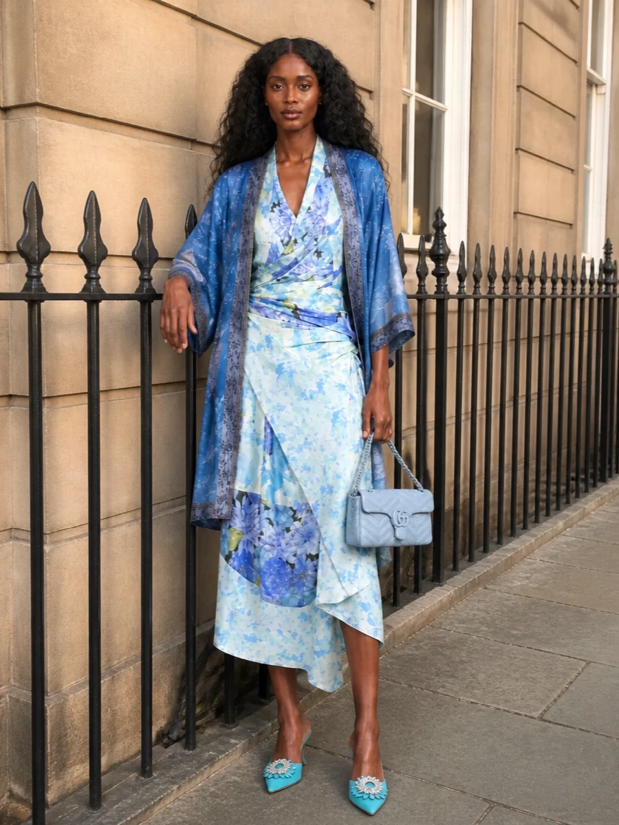 This reads as a soft garden-party ensemble built around layered blues, with the Pierre Louise Mascia kimono floating over Margiela’s asymmetric floral wrap dress. I chose the dress route rather than shirt and trousers so the outfit stays fluid and elongated instead of becoming busy with three competing prints. Turquoise Manolos and a powder-blue Gucci shoulder bag nod to the palette without shouting, keeping the whole composition romantic, airy and distinctly high-end for warm-weather events.