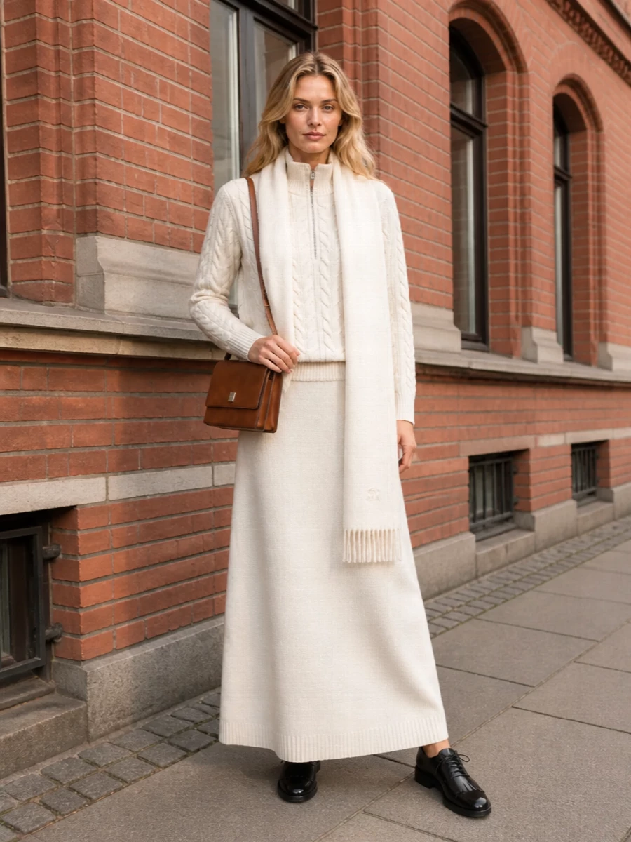 Max mara ivory cable sweater knit maxi outfit