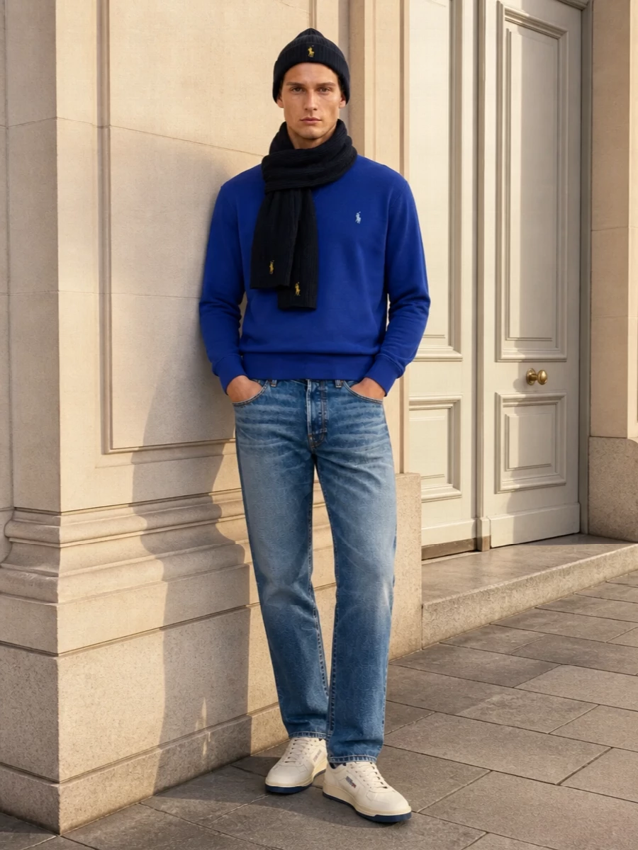 A cobalt Polo sweatshirt sits over straight mid-wash denim for a clean, collegiate base that feels easy for off-duty winter days. Cream and navy Autry sneakers keep the mood sporty yet neat, while the navy Emporio Armani backpack and matching hat-scarf set pull the blue palette together without shouting. The result is a relaxed, preppy combination that reads considered but never fussy.
