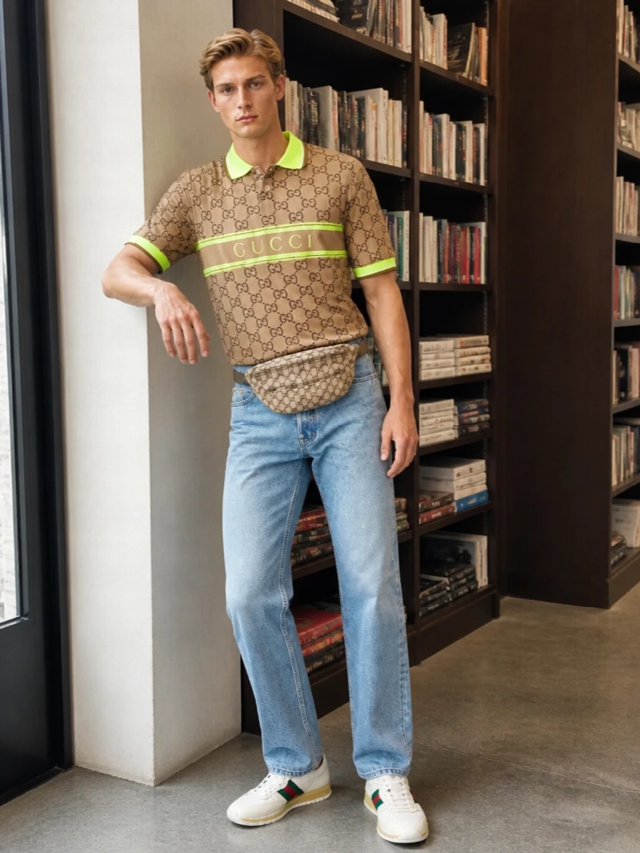 Gucci monogram polo light wash jeans sneakers