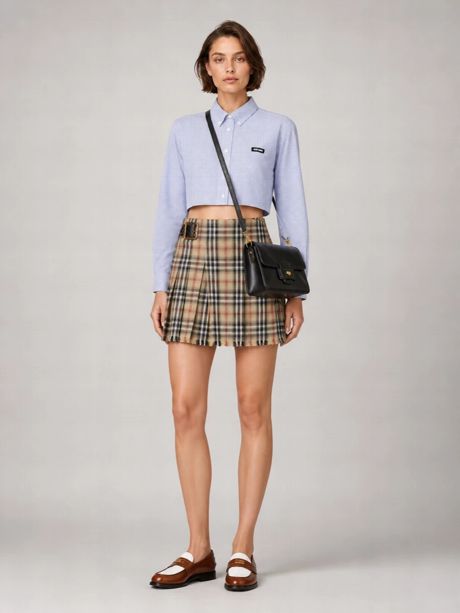 Burberry Wool Checked Fringed Pleated Mini Kilt Skirt