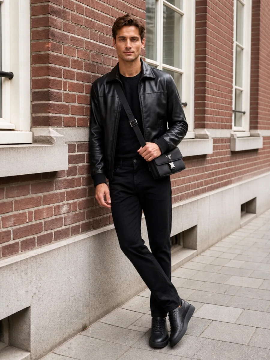 Emporio armani leather jacket prada bag outfit